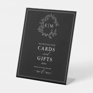 Black White Leafy Crest Monogram Card & Gifts Reclamebord Met Voetstuk