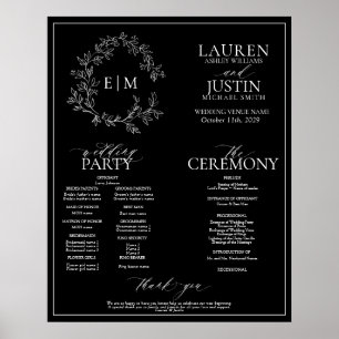 Black White Leafy Crest Monogram Weddenprogramma Poster
