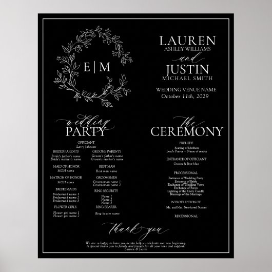 Black White Leafy Crest Monogram Weddenprogramma Poster (Voorkant)