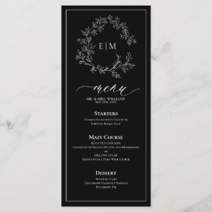Black White Leafy Crest Monogram Weddenschap Menu