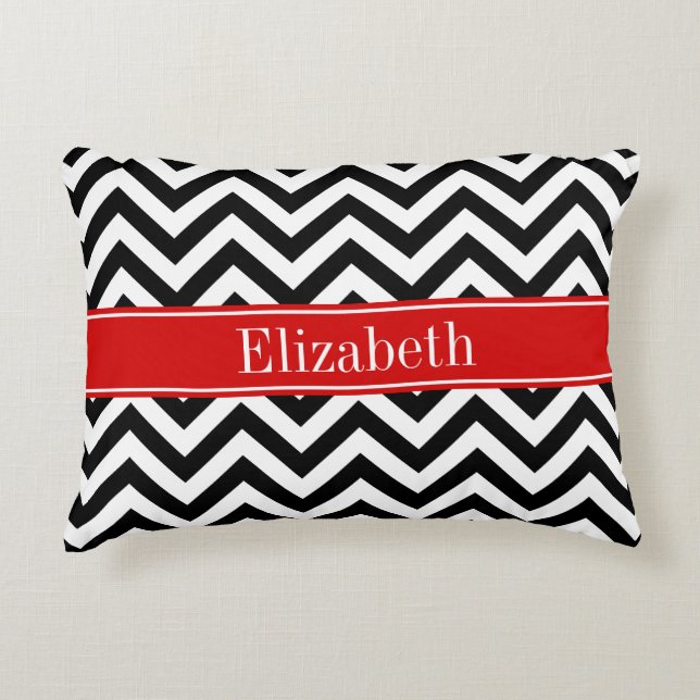 Black White LG Chevron Red Name Monogram Decoratief Kussen (Voorkant)