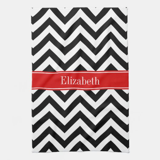 Black White LG Chevron Red Name Monogram Theedoek (Verticaal)
