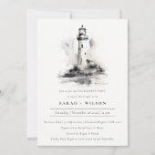 Black & White Lighthouse Coastal Sketch Verloving Kaart (Voorkant)
