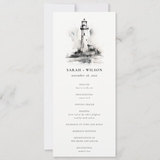 Black & White Lighthouse Sketch Wedding Programme (Devant)