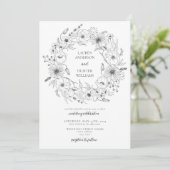Black White Line Art Floral Wreath Wedding Kaart (Staand voorkant)