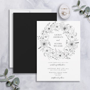 Black White Line Art Floral Wreath Wedding Kaart