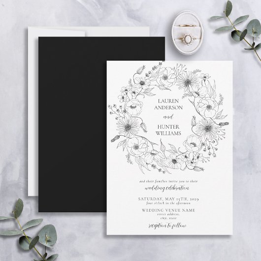 Black White Line Art Floral Wreath Wedding Kaart