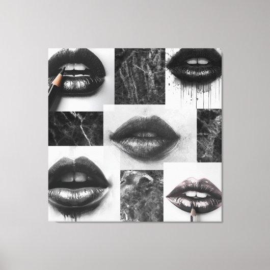 Black,White Lips Collage Canvas Statement Wall Art (Voorkant)