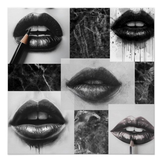 Black & White Lips Collage Glossy Poster (Devant)