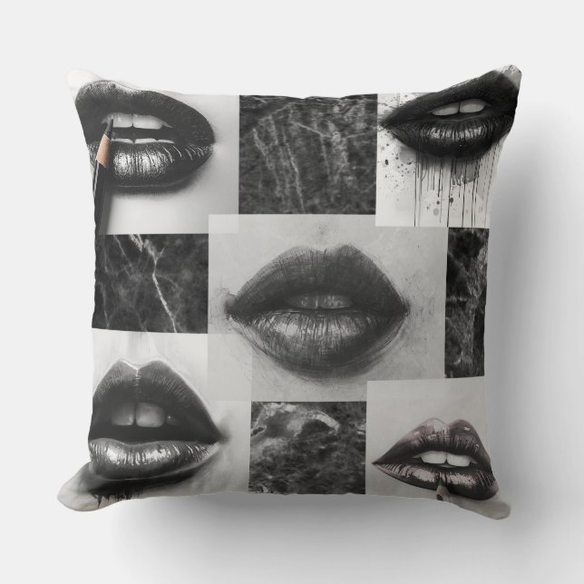 Black & White Lips Collage Throw Pillow Kussen (Voorkant)