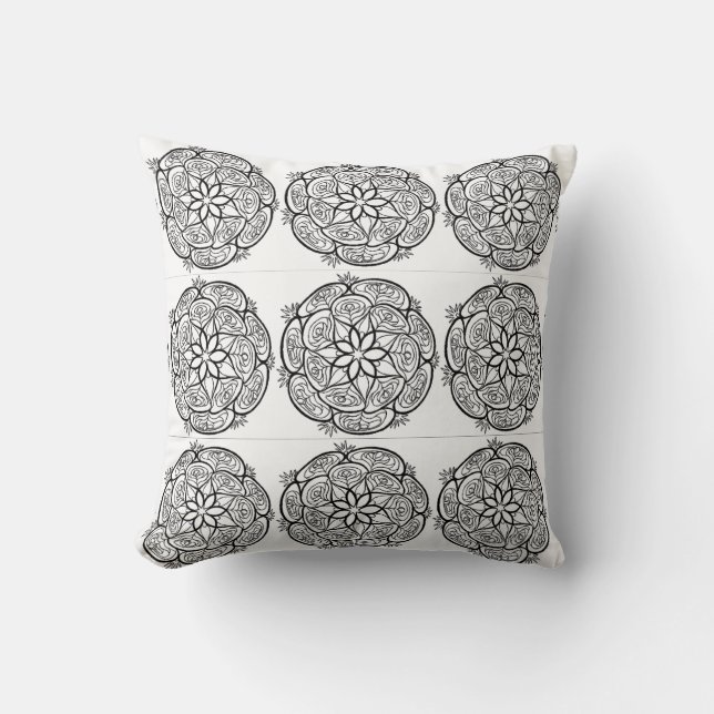 Black White Mandala Circle Pattern Pillow Kussen (Voorkant)
