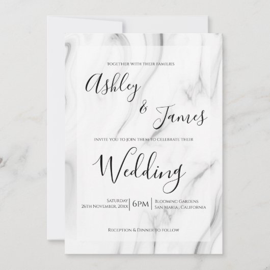 Black White Marble Elegant Script Wedding Invite Kaart (Voorkant)