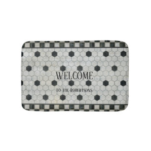 Black White Marble Hexagon Farmhouse Bathroom Badmat
