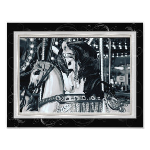 Black White Merry Go Round Carrousel Paarden Foto Afdruk