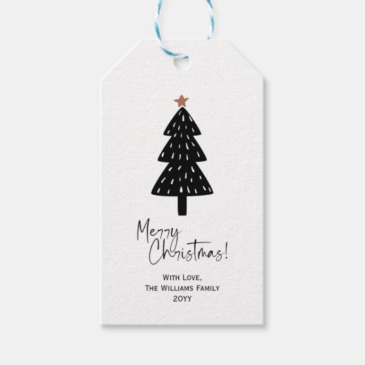 Black White Merry kerstpine Tree Gift Labels Cadeaulabel (Voorkant)