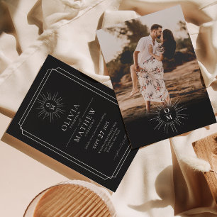 Black White Mid Century 70s Monogram Photo Wedding Kaart