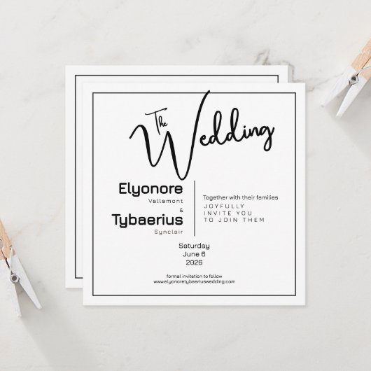 Black & White Minimal Square Wedding Invitation (Devant/Arrière en situation)