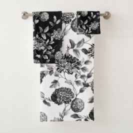 Black White Modern Botanical Floral Toile Bad Handdoek