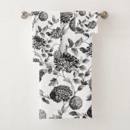 Black White Modern Botanical Floral Toile Bad Handdoek