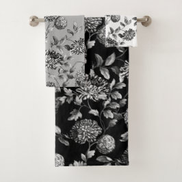 Black White Modern Botanical Floral Toile Bad Handdoek