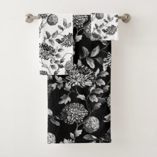 Black White Modern Botanical Floral Toile Bad Handdoek