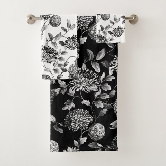 Black White Modern  Botanical Floral Toile Bad Handdoek (Insitu)