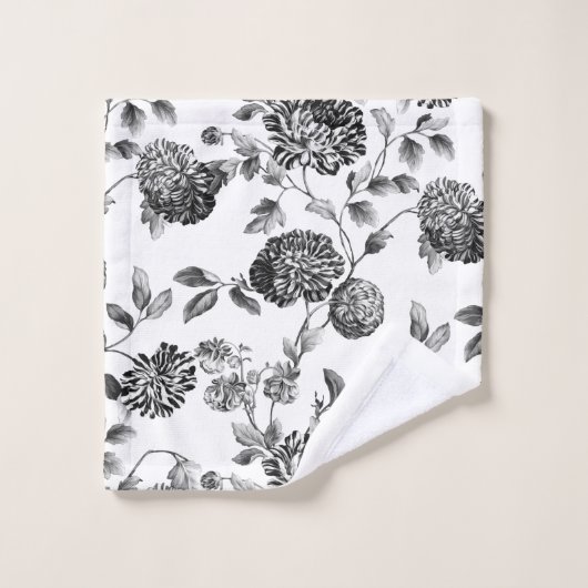 Black White Modern  Botanical Floral Toile Bad Handdoek (Wasdoekje)