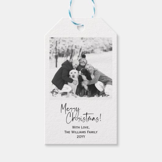 Black White Modern Merry kerstboom Foto Cadeaulabel (Voorkant)