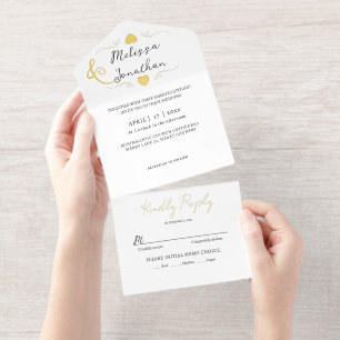 Black white modern minimalist Wedding gold foil All In One Uitnodiging