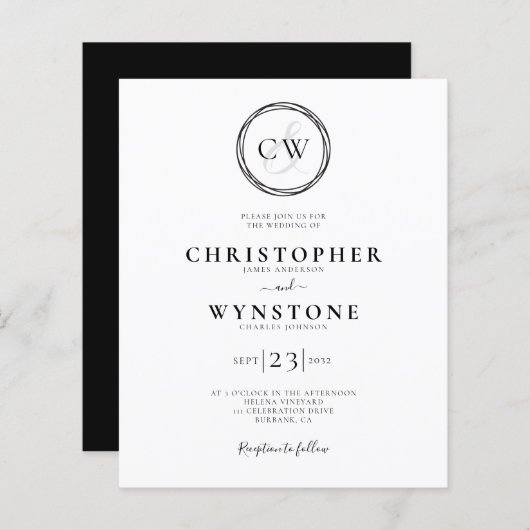 Black White Monogram Gay Wedding Invitation (Voorkant / Achterkant)