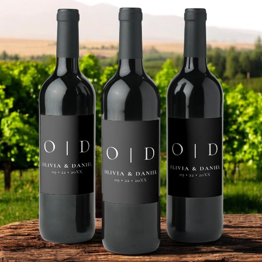 Black White Monogram Minimalist Weddenschap Wijn Etiket