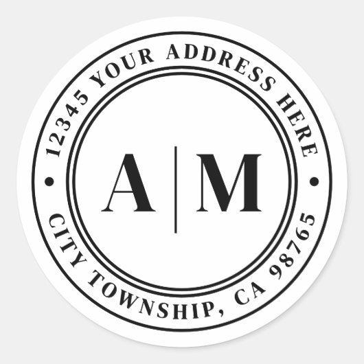Black White Monogram Return Address Ronde Sticker (Voorkant)