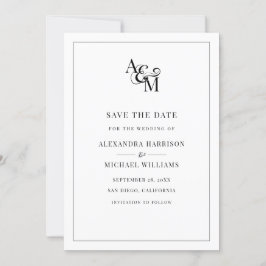 Black White Monogram Simple Elegant Modern Wedding Save The Date