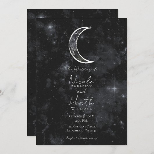 Black White Moon Celestial Night Starry Wedding Kaart (Voorkant / Achterkant)