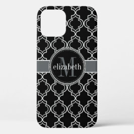 Black White Moroccan Quatrefoil Monogram iPhone 12 Pro Hoesje