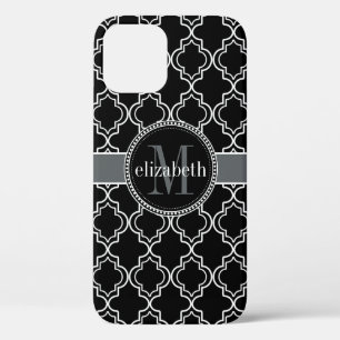 Black White Moroccan Quatrefoil Monogram iPhone 12 Pro Hoesje