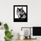 Black White Motivational Courage Wolf Poster Impri (Bureau à domicile)