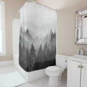 Black & White Mountain Forest Landschap Minimalist Douchegordijn (In situ)