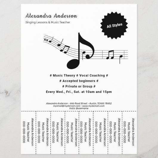 Black & White Music Teacher Tear Off Strips Flyer (Voorkant)