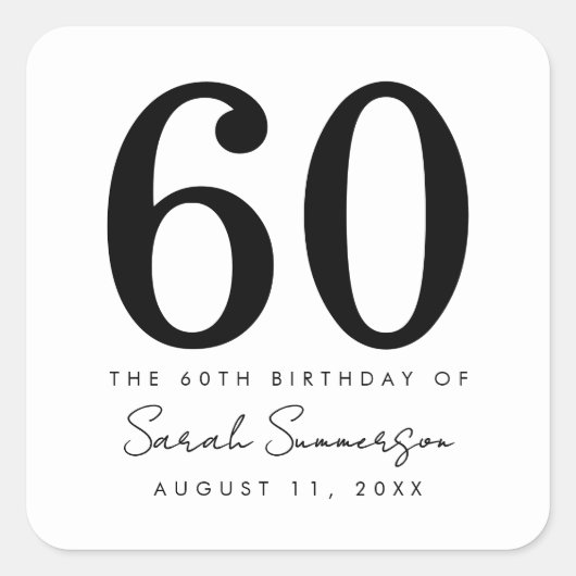 Black White Name Date Sixty 60th Birthday Party Vierkante Sticker (Voorkant)