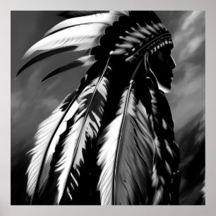 Black White Native American Indian Man Poster