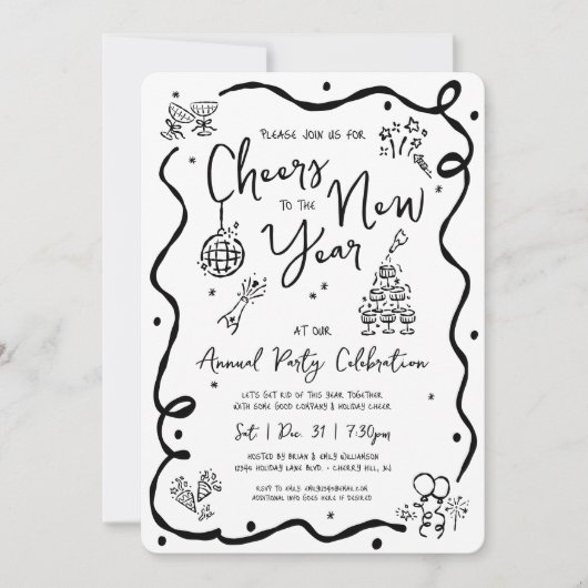 Black White New Year Cheer Hand Drawn Doodle Party Kaart (Voorkant)