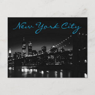 Black White New York Night Blue Script Briefkaart