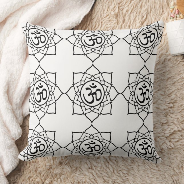 Black White Om Yoga Mandala Pillow Fabric Paint Kussen (Deken)