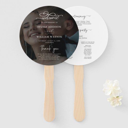 Black & White Overlay Photo Wedding Programs Hand Handwaaier (Voorkant en achterkant)
