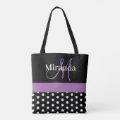 Black White Paars Monogram Script Polka Dots Draagtas (Achterkant)