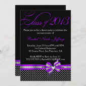 Black White Paars Polka Dot Afstuderen Invitation Kaart (Voorkant / Achterkant)