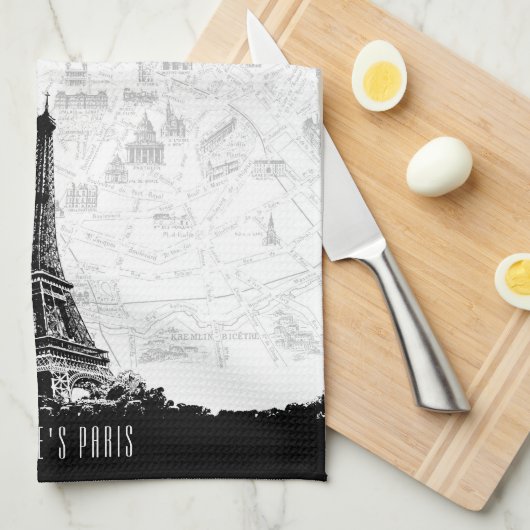 Black White Paris Eiffel Tower Add Name Theedoek (Quarter Fold)