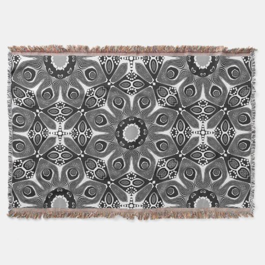Black White Peacock Circle Woven Throw Blanket Deken (Voorkant)