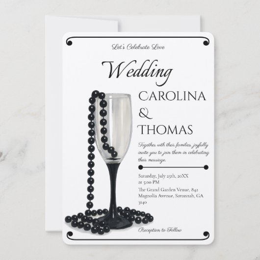 Black & White Pearl Champagne Glass Wedding Kaart (Voorkant)